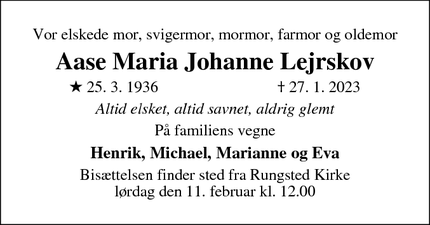 Dødsannoncen for Aase Maria Johanne Lejrskov - Hørsholm