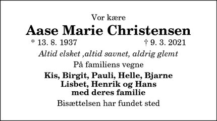 Dødsannoncen for Aase Marie Christensen - Aalborg