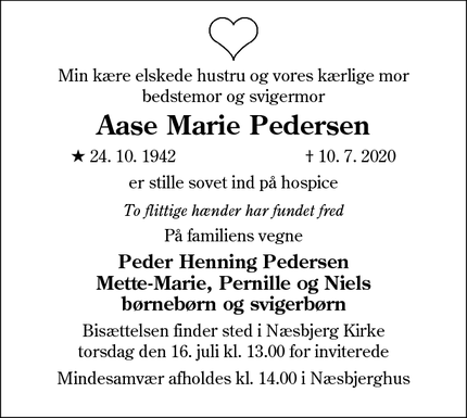 Dødsannoncen for Aase Marie Pedersen - Hadsten