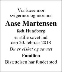 Dødsannoncen for Aase Martensen - Randers