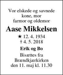 Dødsannoncen for Aase Mikkelsen - Kolding