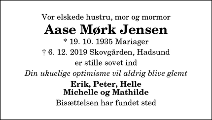 Dødsannoncen for Aase Mørk Jensen - Hadsund