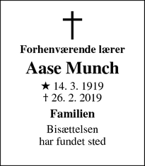 Dødsannoncen for Aase Munch - Kokkedal