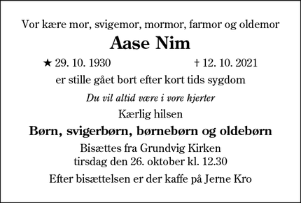 Dødsannoncen for Aase Nim - Viborg