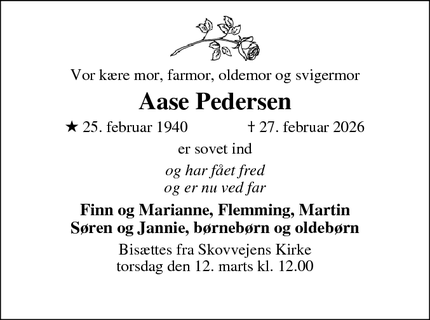 Dødsannoncen for Aase Pedersen - Værløse