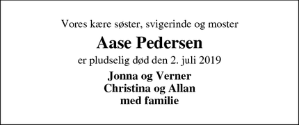 Dødsannoncen for Aase Pedersen - Kjellerup