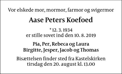 Dødsannoncen for Aase Peters Koefoed - København