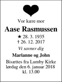 Dødsannoncen for Aase Rasmussen - Lumby