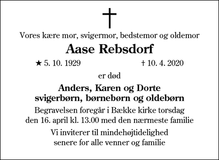 Dødsannoncen for Aase Rebsdorf - Bække