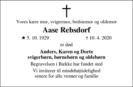 Dødsannoncen for Aase Rebsdorf - Bække