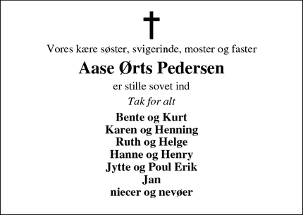 Dødsannoncen for Aase Ørts Pedersen - Vemb