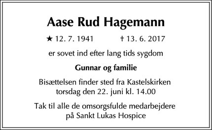 Dødsannoncen for Aase Rud Hagemann - København