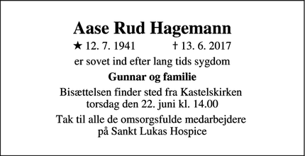 Dødsannoncen for Aase Rud Hagemann - København