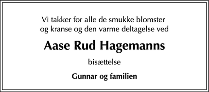 Dødsannoncen for Aase Rud Hagemanns - København