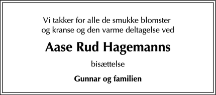 Dødsannoncen for Aase Rud Hagemanns - København