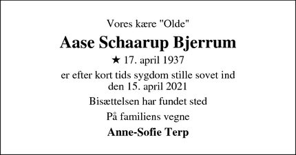Dødsannoncen for Aase Schaarup Bjerrum - Skanderborg