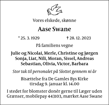 Dødsannoncen for Aase Swane - Vanløse