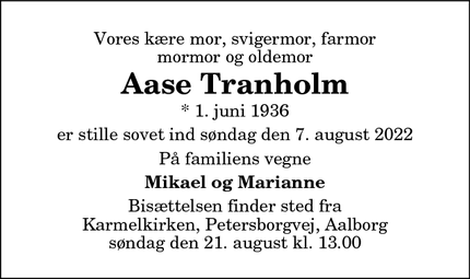 Dødsannoncen for Aase Tranholm - Valby