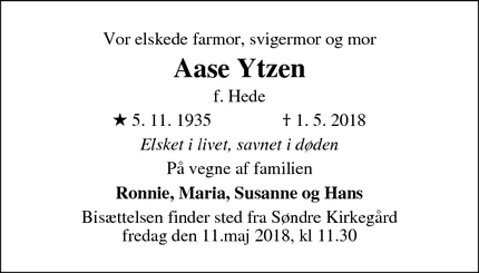 Dødsannoncen for Aase Ytzen - Melby