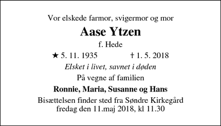 Dødsannoncen for Aase Ytzen - Melby
