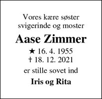 Dødsannoncen for Aase Zimmer - Esbjerg