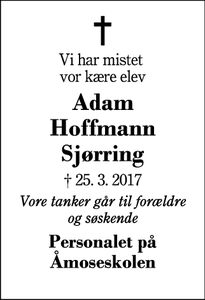 Dødsannoncen for Adam Hoffmann Sjørring - Tarm