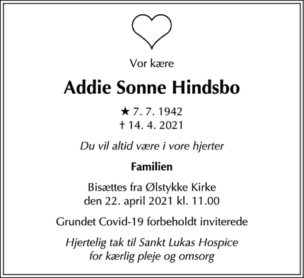 Dødsannoncen for Addie Sonne Hindsbo - Nærum