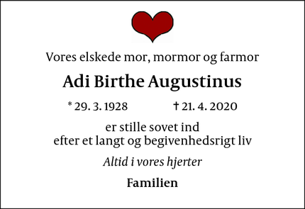 Dødsannoncen for Adi Birthe Augustinus - Næstved