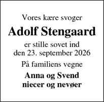 Dødsannoncen for Adolf Stengaard - Ulfborg