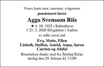 Dødsannoncen for Agga Svensson Riis - Ebeltoft