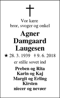 Dødsannoncen for Agner Damgaard Laugesen - Værløse