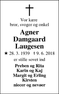 Dødsannoncen for Agner Damgaard Laugesen - Værløse