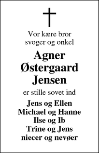 Dødsannoncen for Agner
Østergaard
Jensen - Lundø,