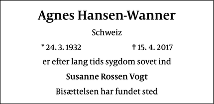 Dødsannoncen for Agnes Hansen-Wanner - Orselina