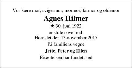 Dødsannoncen for Agnes Hilmer - Hornslet