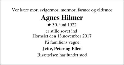 Dødsannoncen for Agnes Hilmer - Hornslet