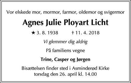 Dødsannoncen for Agnes Julie Ployart Licht - Fredensborg