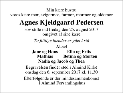 Dødsannoncen for Agnes Kjeldgaard Pedersen - Almind