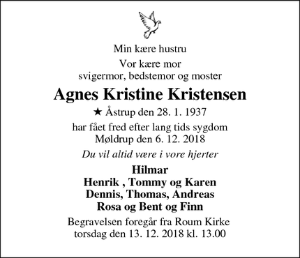 Dødsannoncen for Agnes Kristine Kristensen - Møldrup