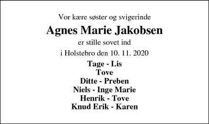 Dødsannoncen for Agnes Marie Jakobsen - Holstebro