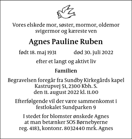 Dødsannoncen for Agnes Pauline Ruben - København