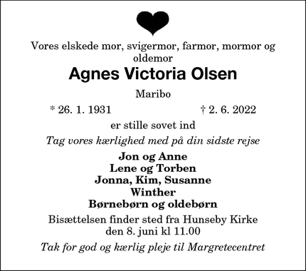 Dødsannoncen for Agnes Victoria Olsen - Maribo