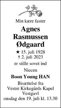 Dødsannoncen for Agnes
Rasmussen
Ødgaard - Horsens
