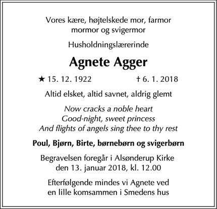 Dødsannoncen for Agnete Agger - Hillerød