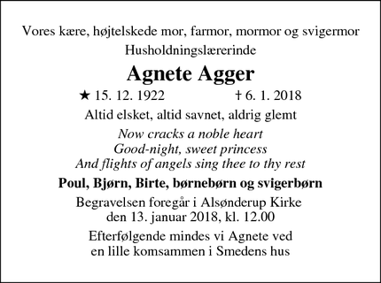 Dødsannoncen for Agnete Agger - Hillerød