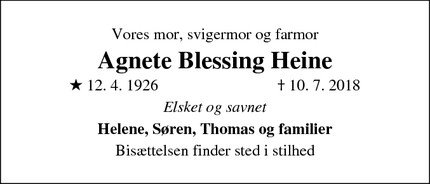 Dødsannoncen for Agnete Blessing Heine - Allerød
