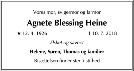 Dødsannoncen for Agnete Blessing Heine - Allerød