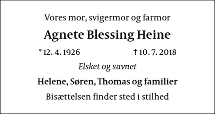 Dødsannoncen for Agnete Blessing Heine - Allerød