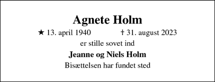 Dødsannoncen for Agnete Holm - Århus