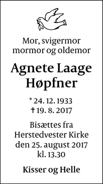 Dødsannoncen for Agnete Laage Høpfner - Albertslund